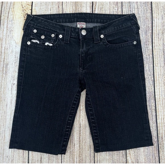 True Religion Joey Jean Shorts Size 32 Black Denim Cutoff Bermuda Silver Stitch - Picture 1 of 7